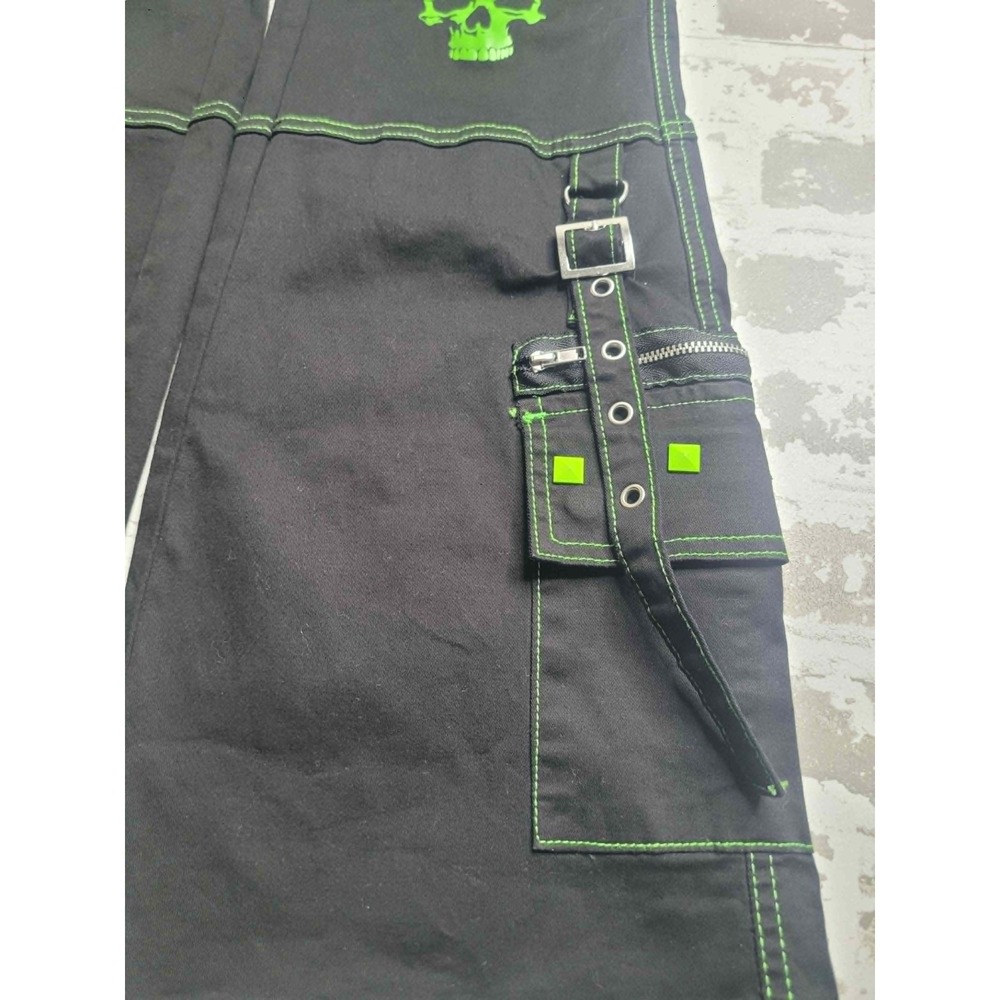 Hot Topic Black and Green Skull Stud Strap Flare Pants Junior's Size 9 Goth Punk - Picture 9 of 9